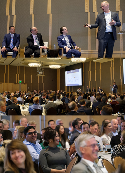 Stack of three photos showing speakers, audience at February NAIOPWA breakfast