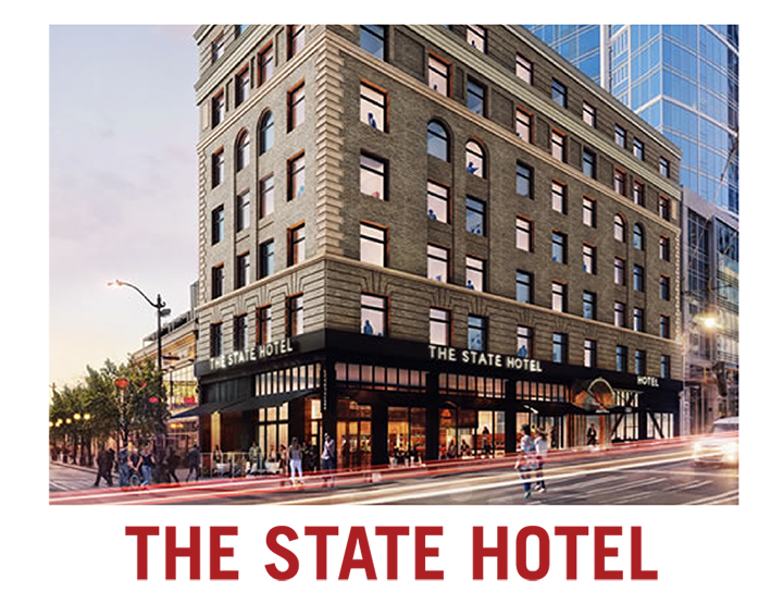 Rendering of State Hotel in downtown Seattle with Pike Place Market visible in background