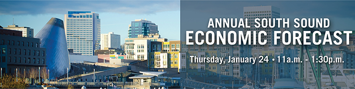 Banner promoting South Sound 2019 Economic Forum - Tacoma image at left, text at right