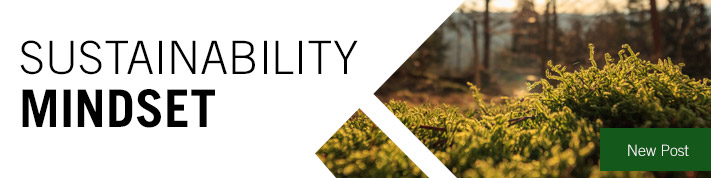 Sustainability Mindset blog header with closeup of moss at right and text New Post